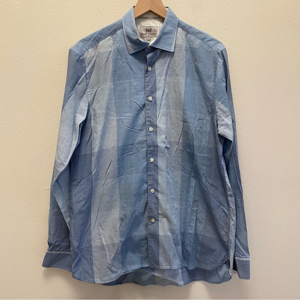 Hickey Freeman Men's Long Sleeve Button up Blue Plaid Cotton Size Large